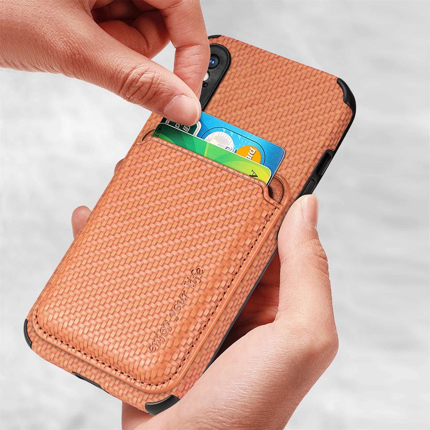 For iPhone X/XS 5.8 inch Carbon Fiber Texture Wear-resistant Phone Case PU Leather + TPU + PVC Protector with Detachable Magnetic Card Holder