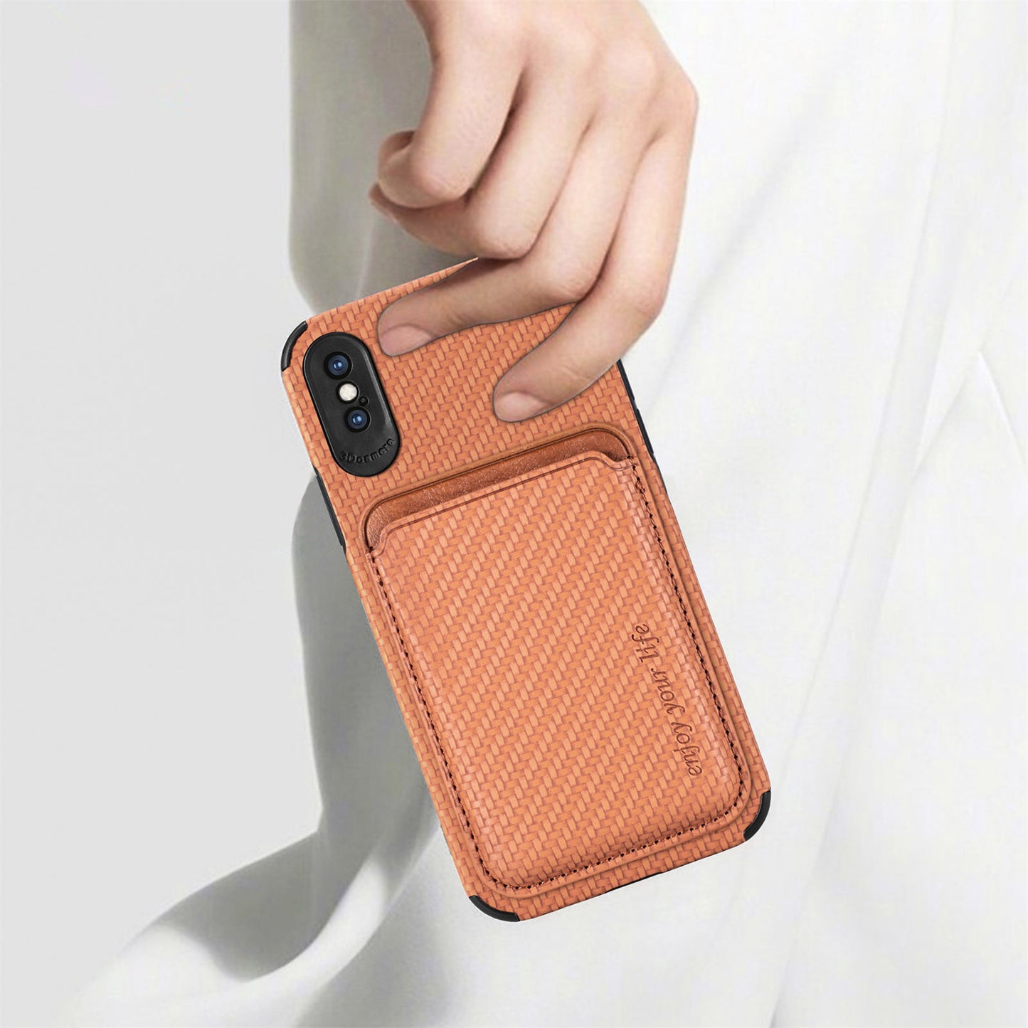 For iPhone X/XS 5.8 inch Carbon Fiber Texture Wear-resistant Phone Case PU Leather + TPU + PVC Protector with Detachable Magnetic Card Holder