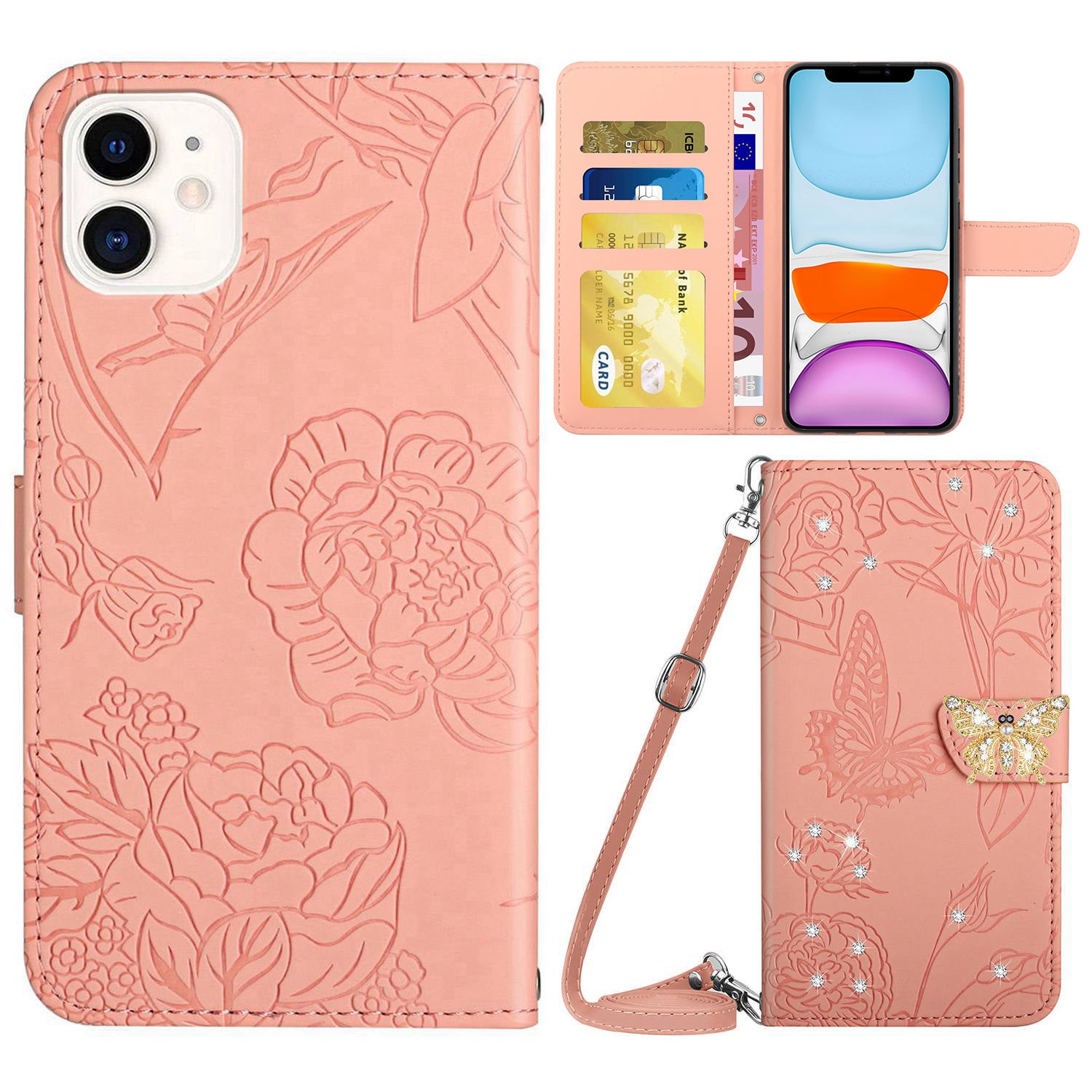 Rhinestone Decor PU Leather Cover for iPhone 11 6.1 inch, Butterfly Flowers Imprinted Stand Wallet Skin-touch Phone Case with Shoulder Strap