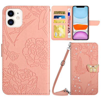 Rhinestone Decor PU Leather Cover for iPhone 11 6.1 inch, Butterfly Flowers Imprinted Stand Wallet Skin-touch Phone Case with Shoulder Strap