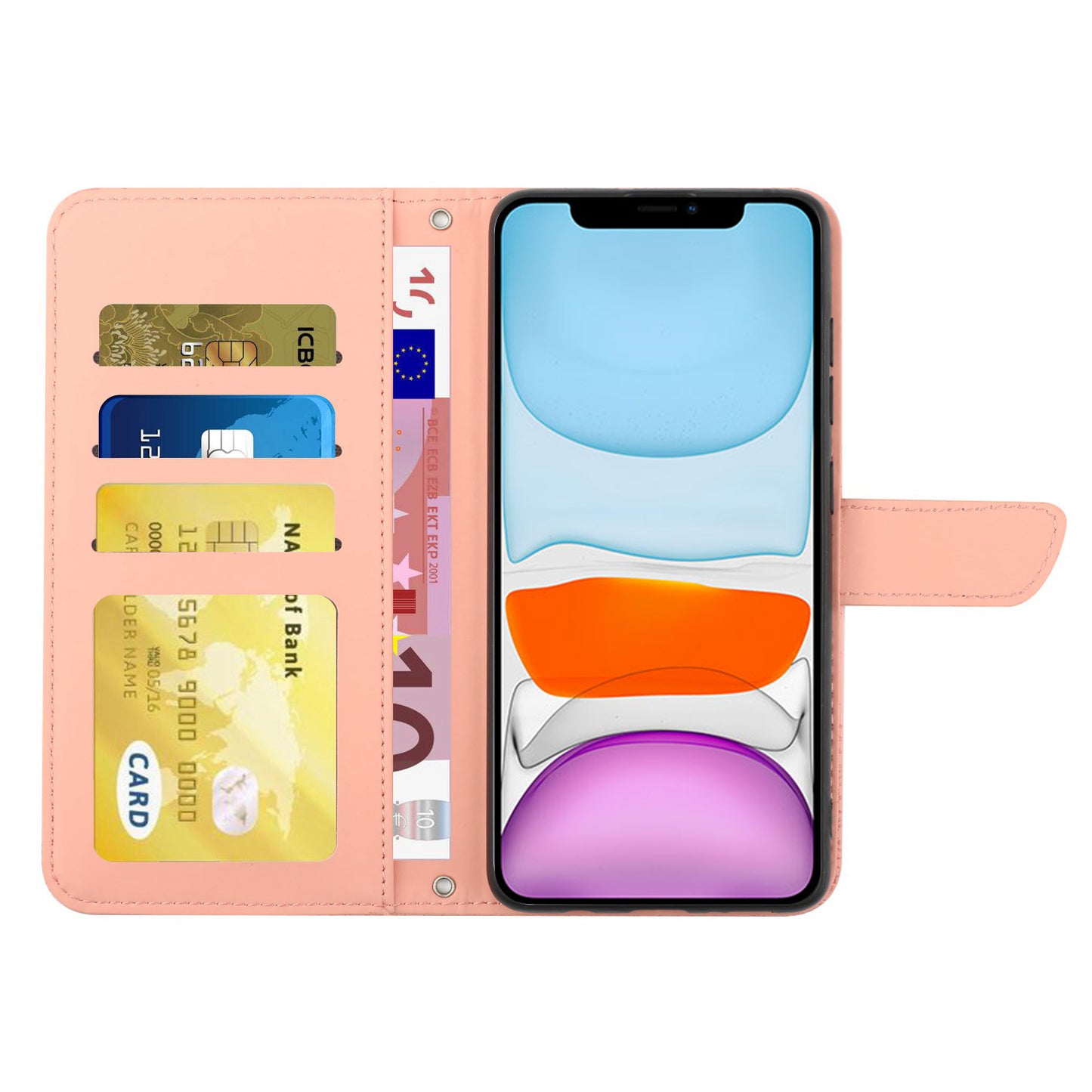 Rhinestone Decor PU Leather Cover for iPhone 11 6.1 inch, Butterfly Flowers Imprinted Stand Wallet Skin-touch Phone Case with Shoulder Strap