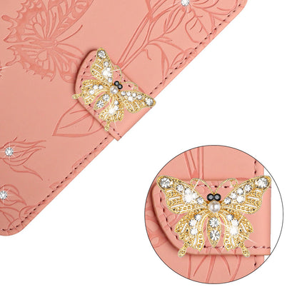 Rhinestone Decor PU Leather Cover for iPhone 11 6.1 inch, Butterfly Flowers Imprinted Stand Wallet Skin-touch Phone Case with Shoulder Strap