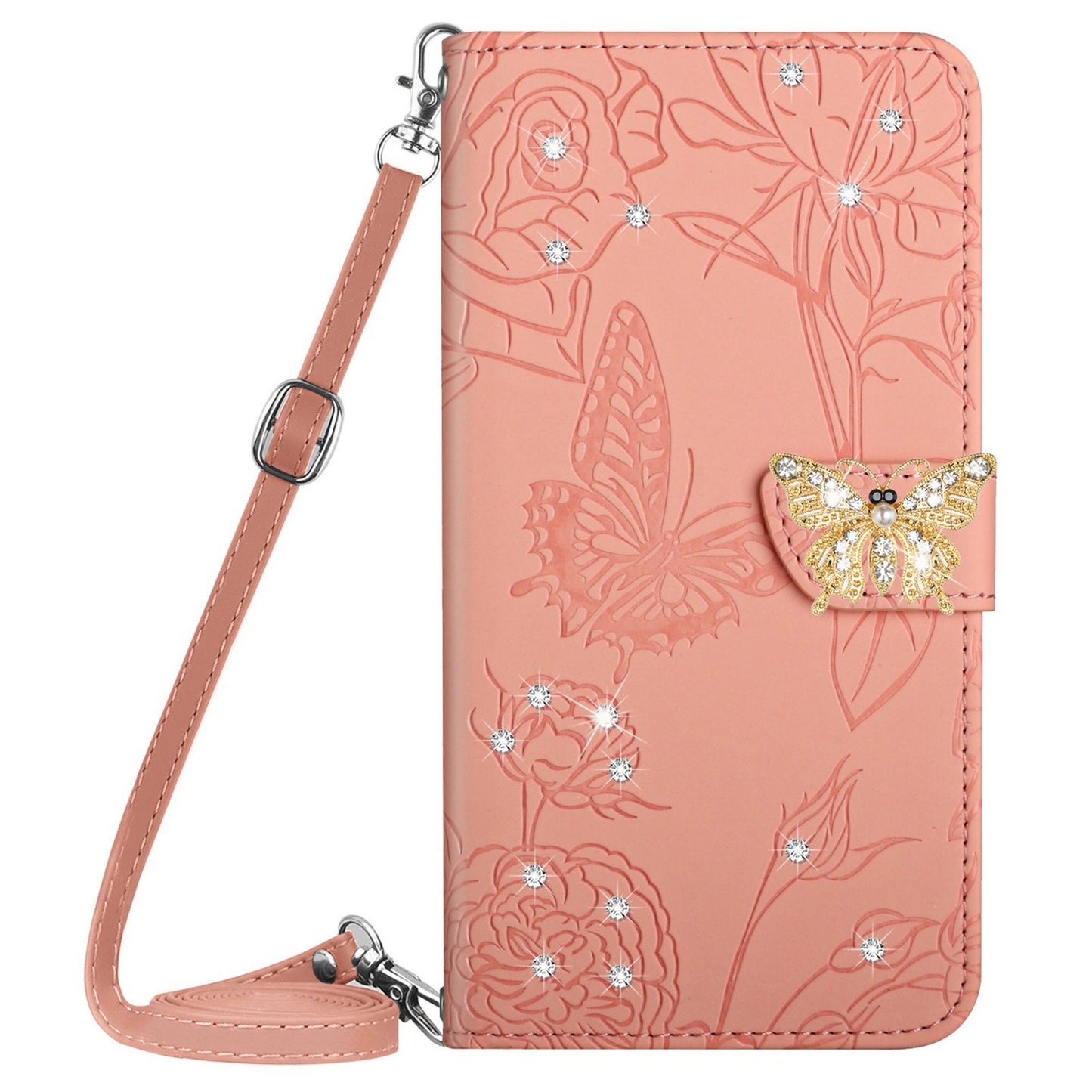 Rhinestone Decor PU Leather Cover for iPhone 11 6.1 inch, Butterfly Flowers Imprinted Stand Wallet Skin-touch Phone Case with Shoulder Strap