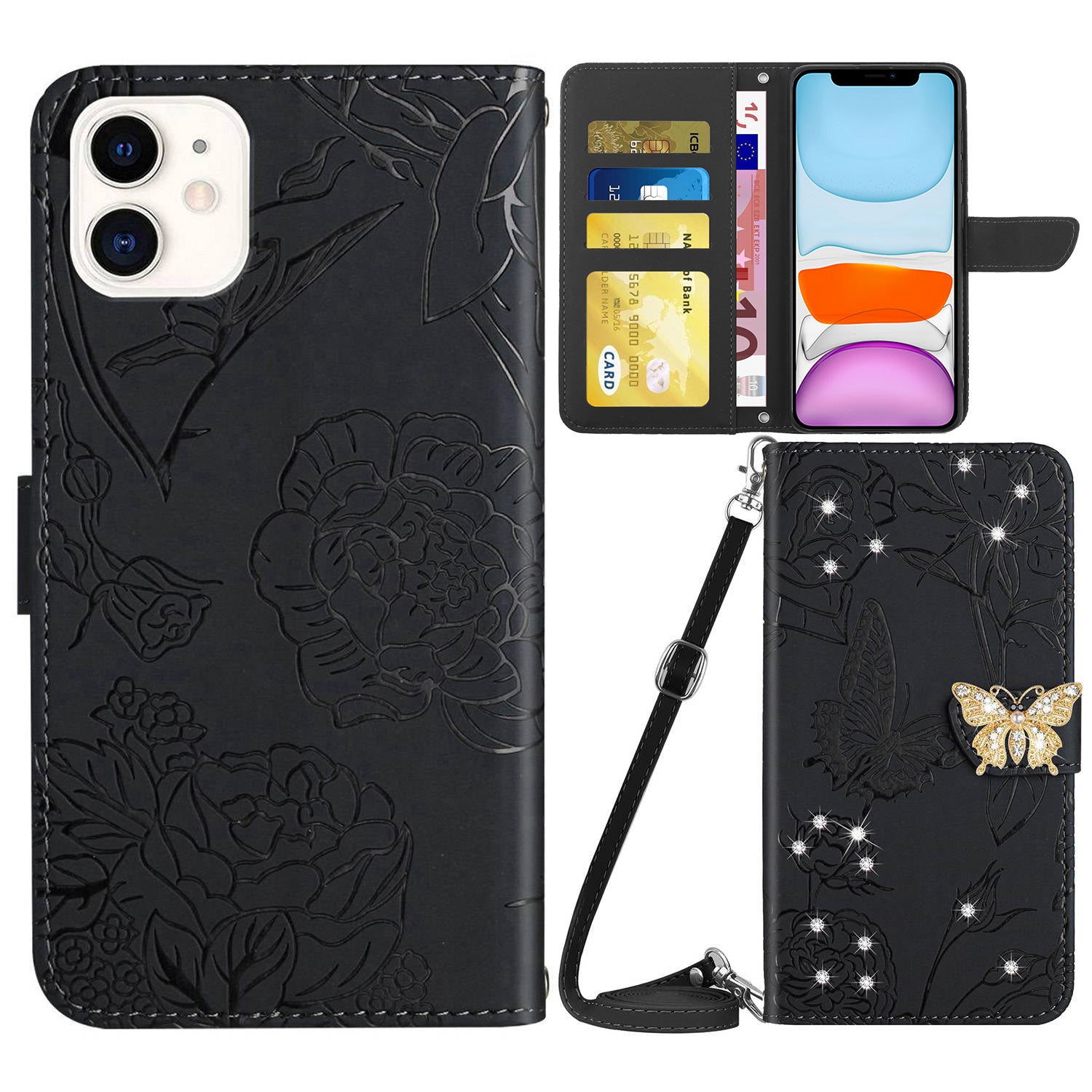 Rhinestone Decor PU Leather Cover for iPhone 11 6.1 inch, Butterfly Flowers Imprinted Stand Wallet Skin-touch Phone Case with Shoulder Strap