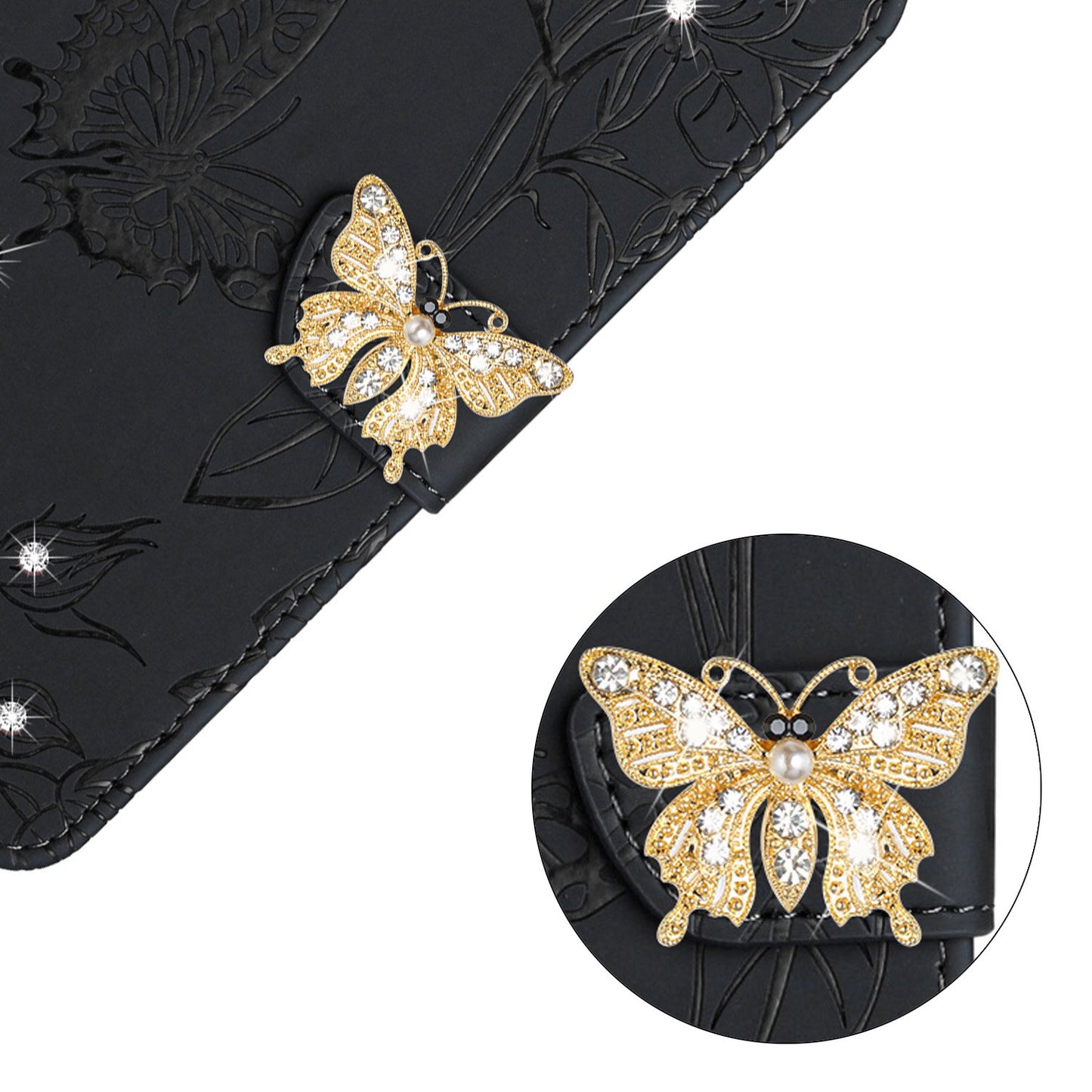 Rhinestone Decor PU Leather Cover for iPhone 11 6.1 inch, Butterfly Flowers Imprinted Stand Wallet Skin-touch Phone Case with Shoulder Strap