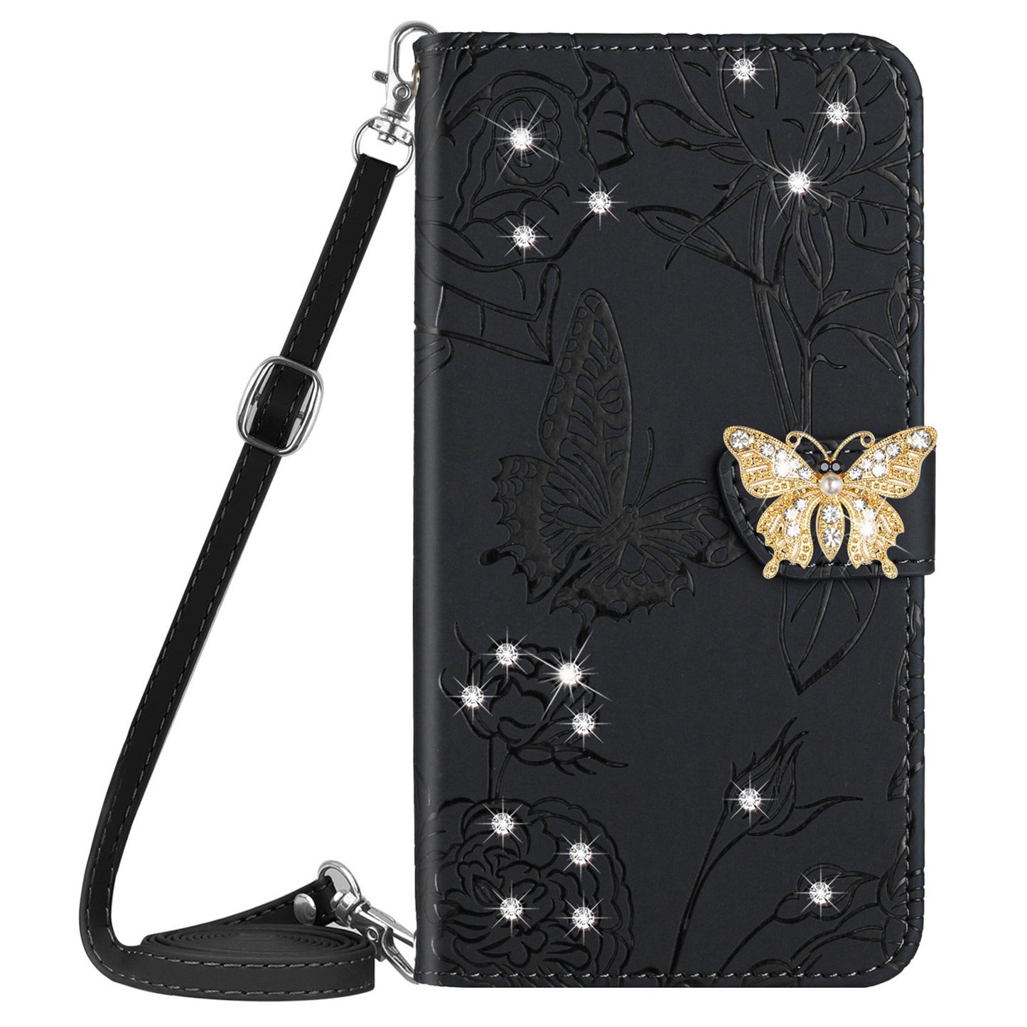 Rhinestone Decor PU Leather Cover for iPhone 11 6.1 inch, Butterfly Flowers Imprinted Stand Wallet Skin-touch Phone Case with Shoulder Strap