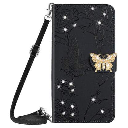 Rhinestone Decor PU Leather Cover for iPhone 11 6.1 inch, Butterfly Flowers Imprinted Stand Wallet Skin-touch Phone Case with Shoulder Strap