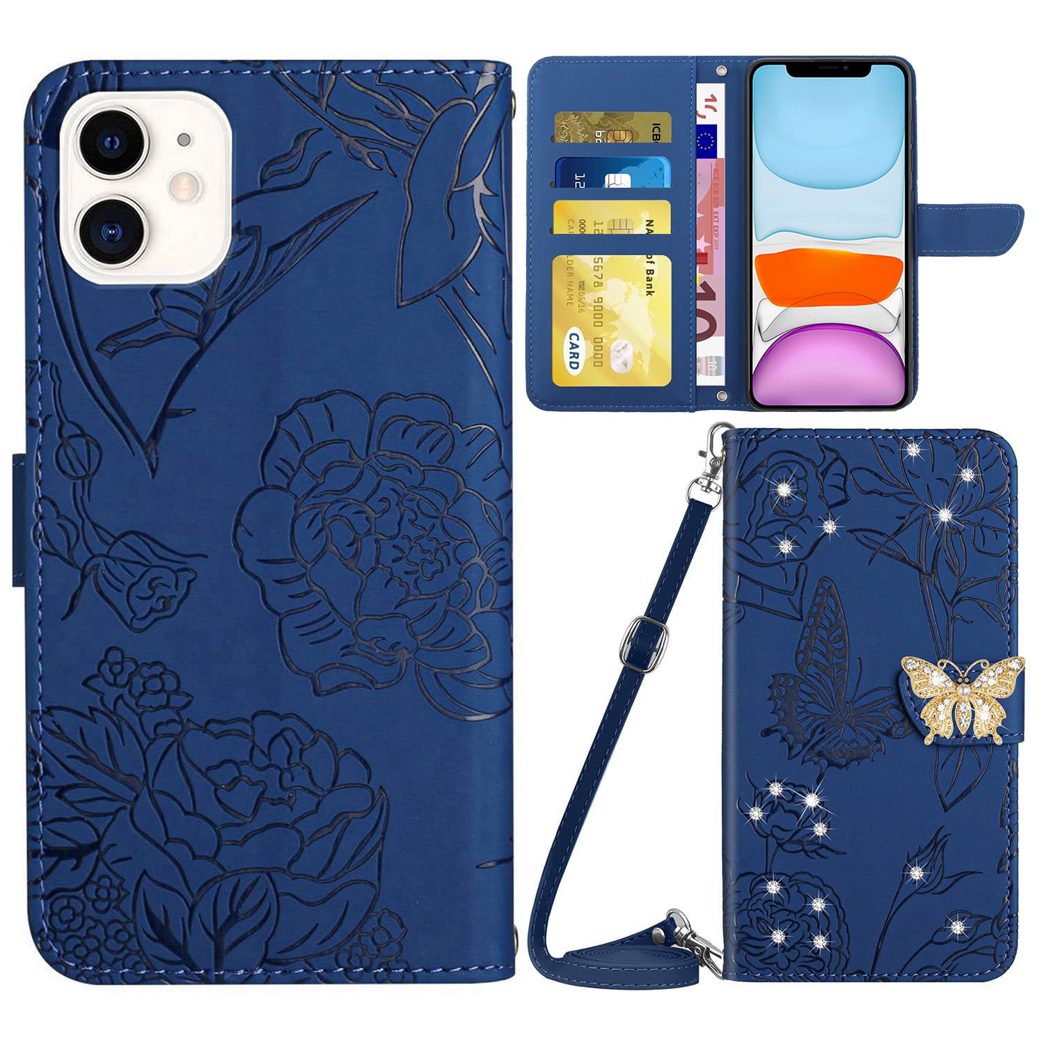 Rhinestone Decor PU Leather Cover for iPhone 11 6.1 inch, Butterfly Flowers Imprinted Stand Wallet Skin-touch Phone Case with Shoulder Strap
