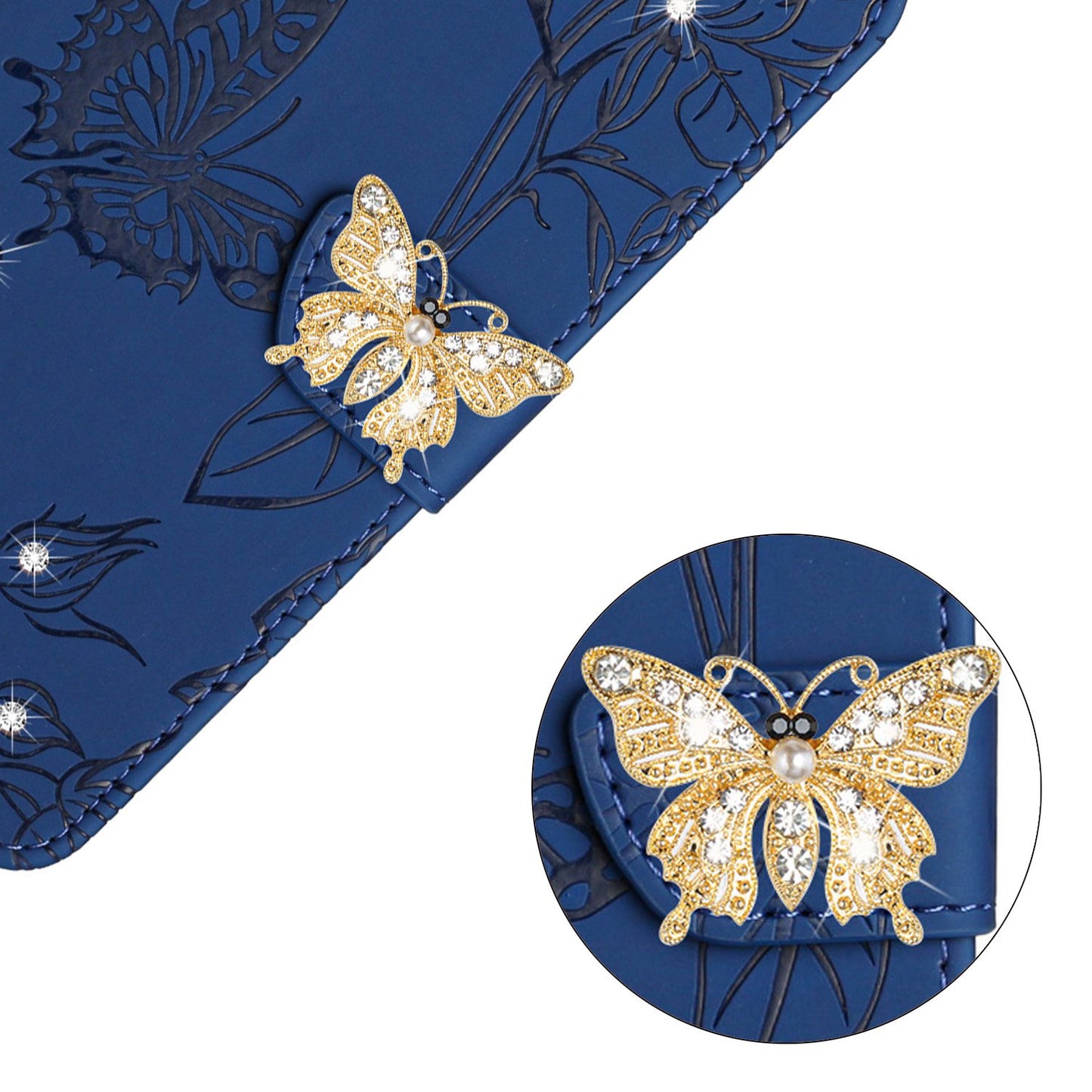 Rhinestone Decor PU Leather Cover for iPhone 11 6.1 inch, Butterfly Flowers Imprinted Stand Wallet Skin-touch Phone Case with Shoulder Strap