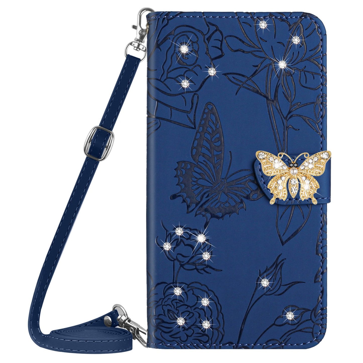 Rhinestone Decor PU Leather Cover for iPhone 11 6.1 inch, Butterfly Flowers Imprinted Stand Wallet Skin-touch Phone Case with Shoulder Strap