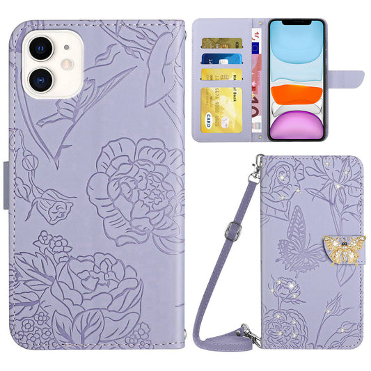 Rhinestone Decor PU Leather Cover for iPhone 11 6.1 inch, Butterfly Flowers Imprinted Stand Wallet Skin-touch Phone Case with Shoulder Strap
