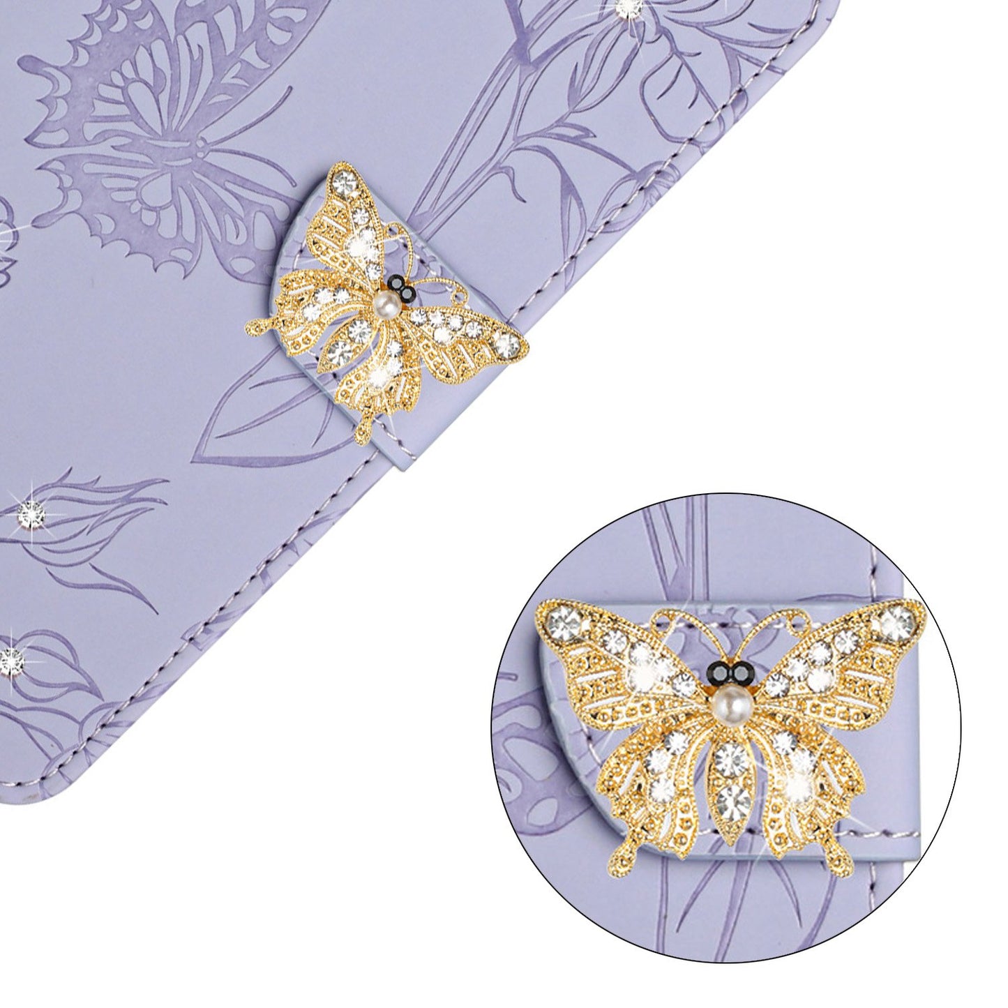 Rhinestone Decor PU Leather Cover for iPhone 11 6.1 inch, Butterfly Flowers Imprinted Stand Wallet Skin-touch Phone Case with Shoulder Strap