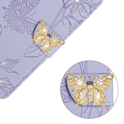Rhinestone Decor PU Leather Cover for iPhone 11 6.1 inch, Butterfly Flowers Imprinted Stand Wallet Skin-touch Phone Case with Shoulder Strap