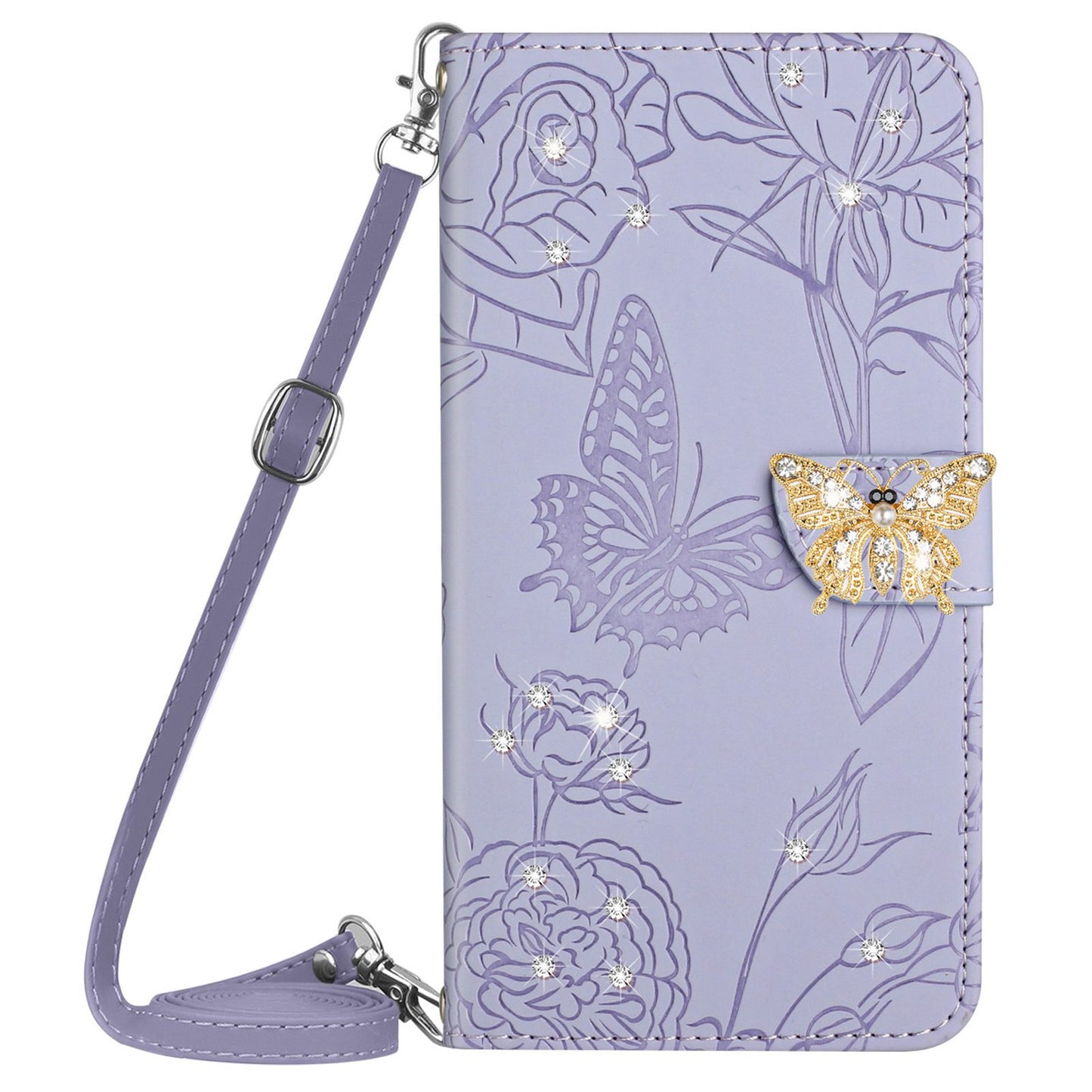 Rhinestone Decor PU Leather Cover for iPhone 11 6.1 inch, Butterfly Flowers Imprinted Stand Wallet Skin-touch Phone Case with Shoulder Strap