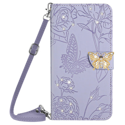 Rhinestone Decor PU Leather Cover for iPhone 11 6.1 inch, Butterfly Flowers Imprinted Stand Wallet Skin-touch Phone Case with Shoulder Strap