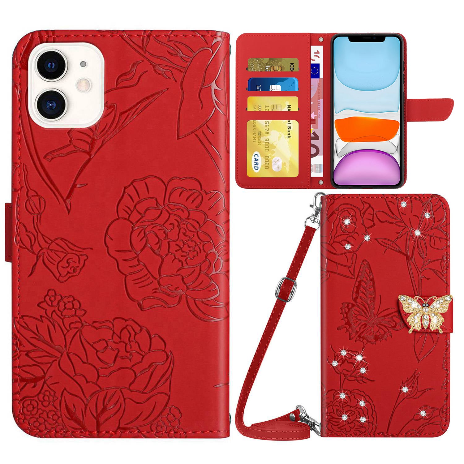 Rhinestone Decor PU Leather Cover for iPhone 11 6.1 inch, Butterfly Flowers Imprinted Stand Wallet Skin-touch Phone Case with Shoulder Strap