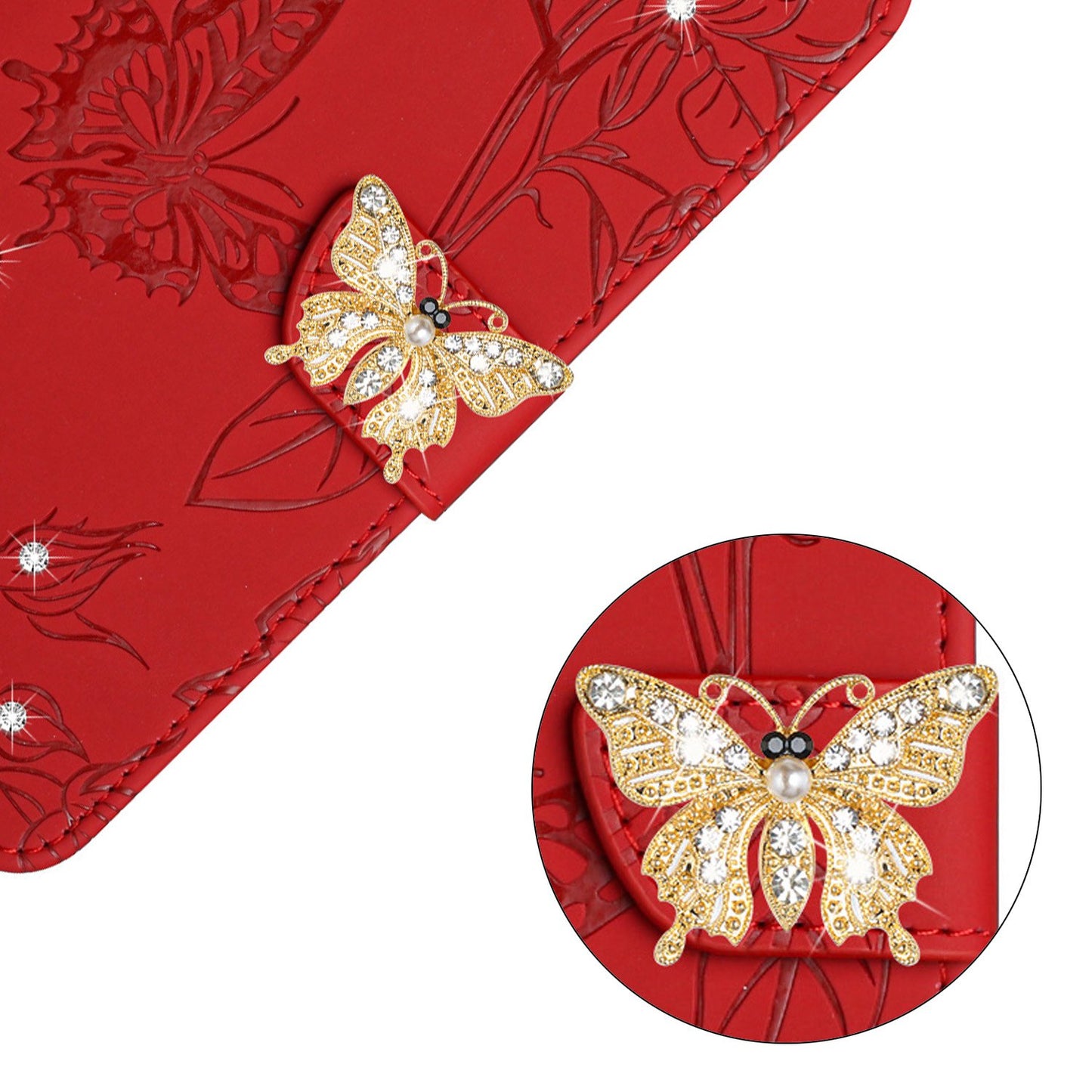 Rhinestone Decor PU Leather Cover for iPhone 11 6.1 inch, Butterfly Flowers Imprinted Stand Wallet Skin-touch Phone Case with Shoulder Strap