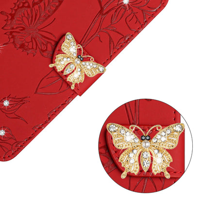 Rhinestone Decor PU Leather Cover for iPhone 11 6.1 inch, Butterfly Flowers Imprinted Stand Wallet Skin-touch Phone Case with Shoulder Strap