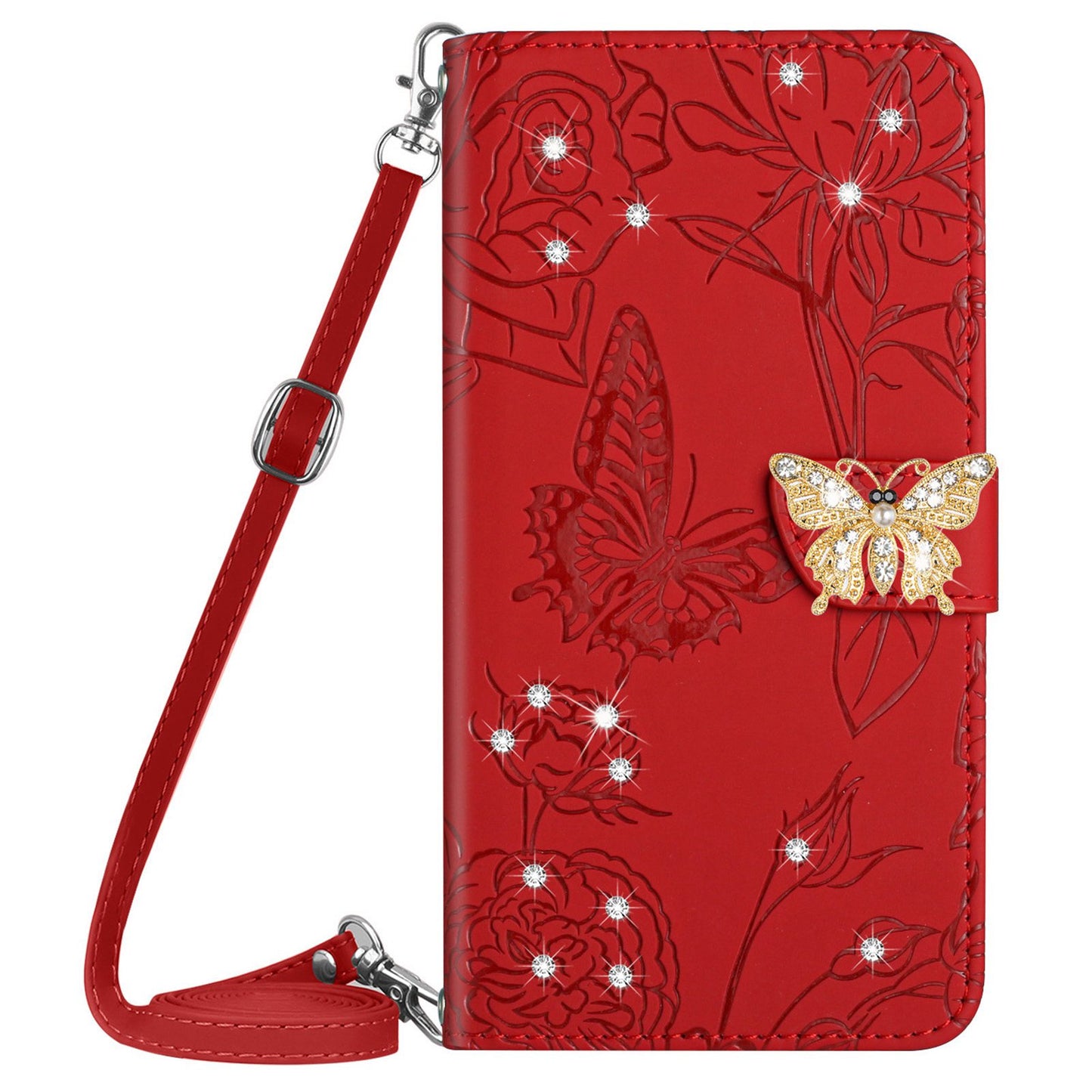 Rhinestone Decor PU Leather Cover for iPhone 11 6.1 inch, Butterfly Flowers Imprinted Stand Wallet Skin-touch Phone Case with Shoulder Strap