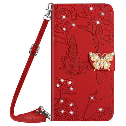 Rhinestone Decor PU Leather Cover for iPhone 11 6.1 inch, Butterfly Flowers Imprinted Stand Wallet Skin-touch Phone Case with Shoulder Strap
