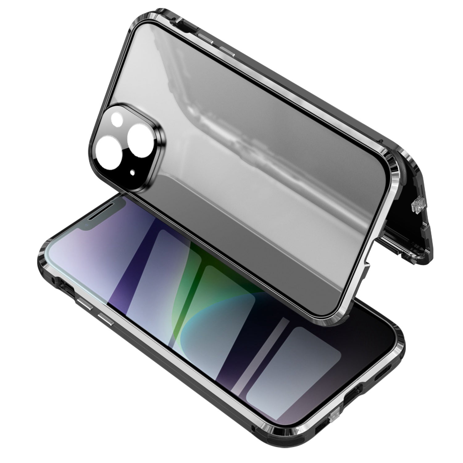 For iPhone 14 Anti-drop Phone Cover Four Corners Protection Double-Sided Magnetic Metal Frame Anti-Spy Phone Case with Lock Buckle Design