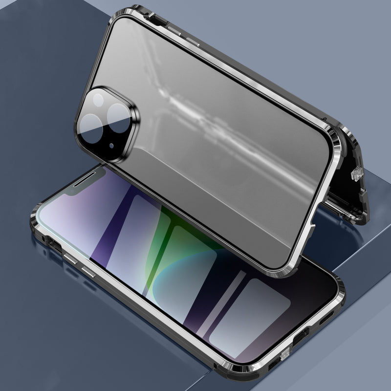 For iPhone 14 Anti-drop Phone Cover Four Corners Protection Double-Sided Magnetic Metal Frame Anti-Spy Phone Case with Lock Buckle Design