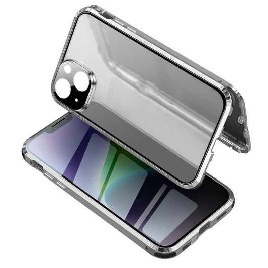 For iPhone 14 Anti-drop Phone Cover Four Corners Protection Double-Sided Magnetic Metal Frame Anti-Spy Phone Case with Lock Buckle Design