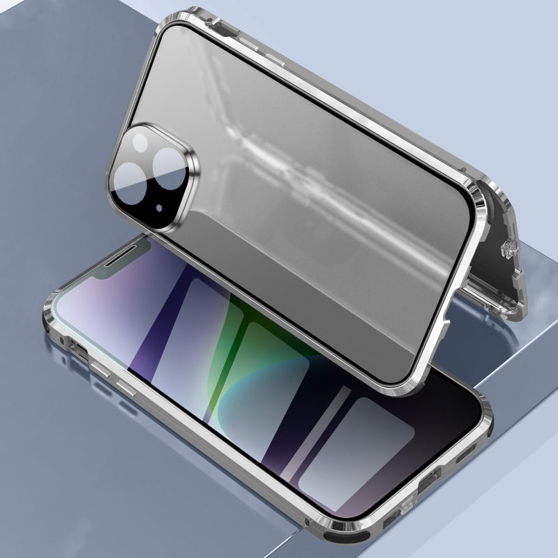 For iPhone 14 Anti-drop Phone Cover Four Corners Protection Double-Sided Magnetic Metal Frame Anti-Spy Phone Case with Lock Buckle Design