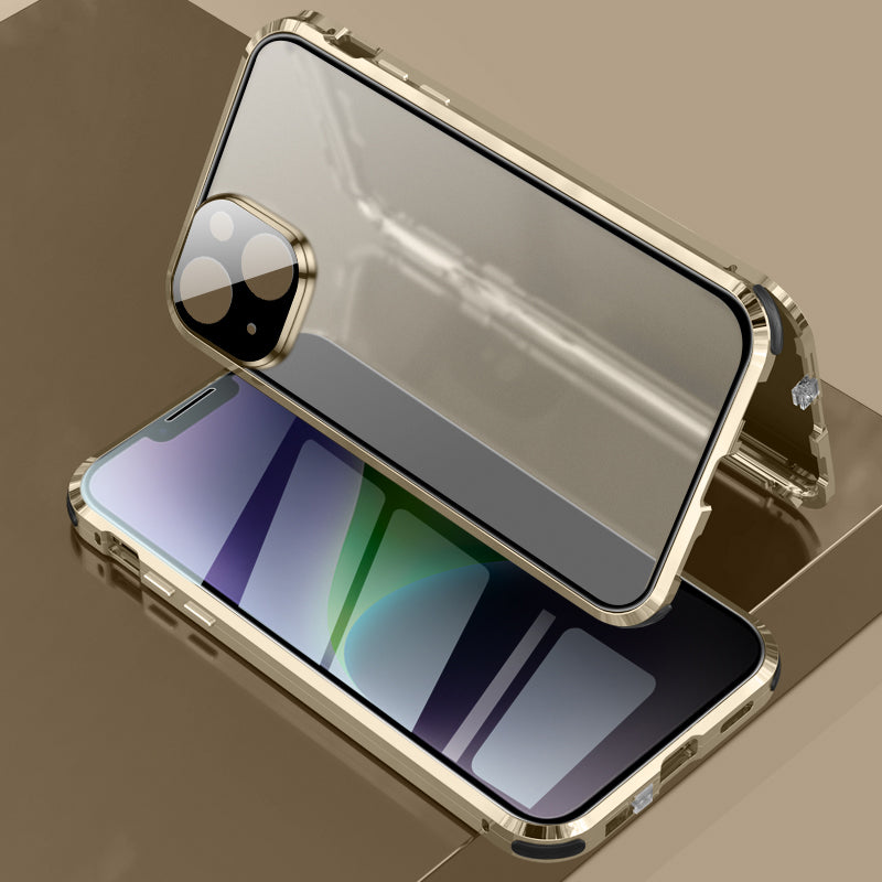 For iPhone 14 Anti-drop Phone Cover Four Corners Protection Double-Sided Magnetic Metal Frame Anti-Spy Phone Case with Lock Buckle Design