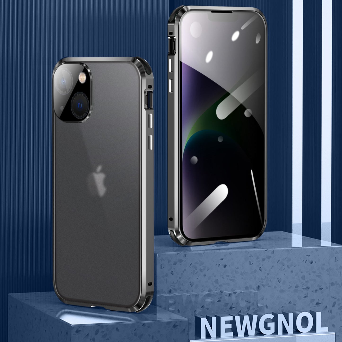 For iPhone 14 Anti-drop Phone Cover Four Corners Protection Double-Sided Magnetic Metal Frame Anti-Spy Phone Case with Lock Buckle Design
