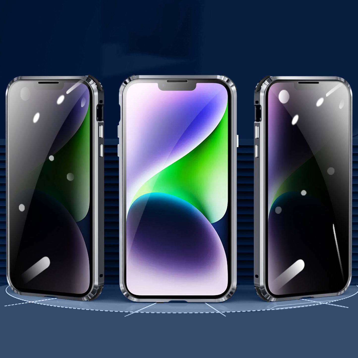 For iPhone 14 Anti-drop Phone Cover Four Corners Protection Double-Sided Magnetic Metal Frame Anti-Spy Phone Case with Lock Buckle Design