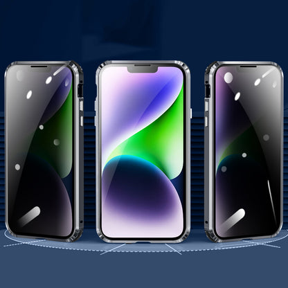 For iPhone 14 Anti-drop Phone Cover Four Corners Protection Double-Sided Magnetic Metal Frame Anti-Spy Phone Case with Lock Buckle Design