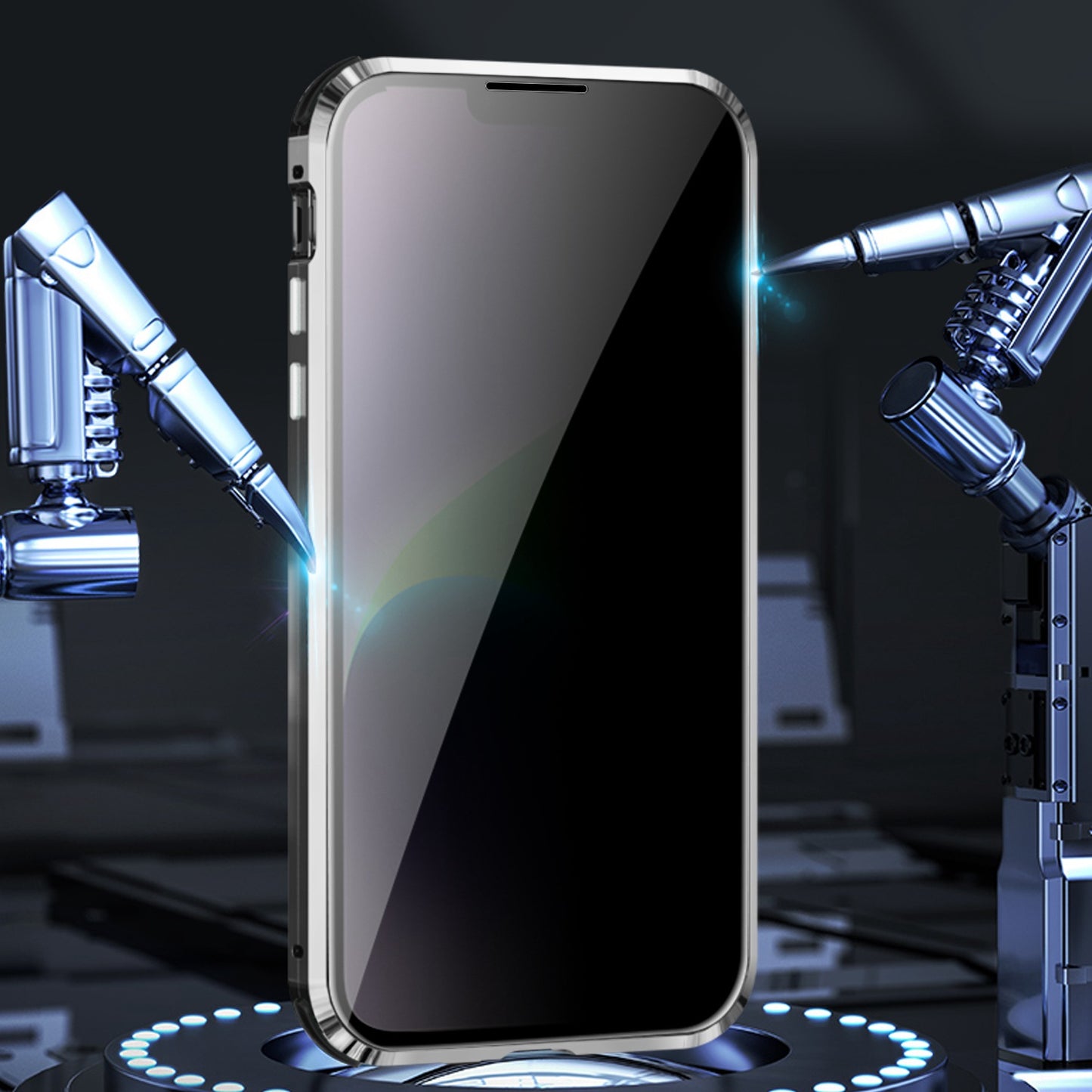 For iPhone 14 Anti-drop Phone Cover Four Corners Protection Double-Sided Magnetic Metal Frame Anti-Spy Phone Case with Lock Buckle Design