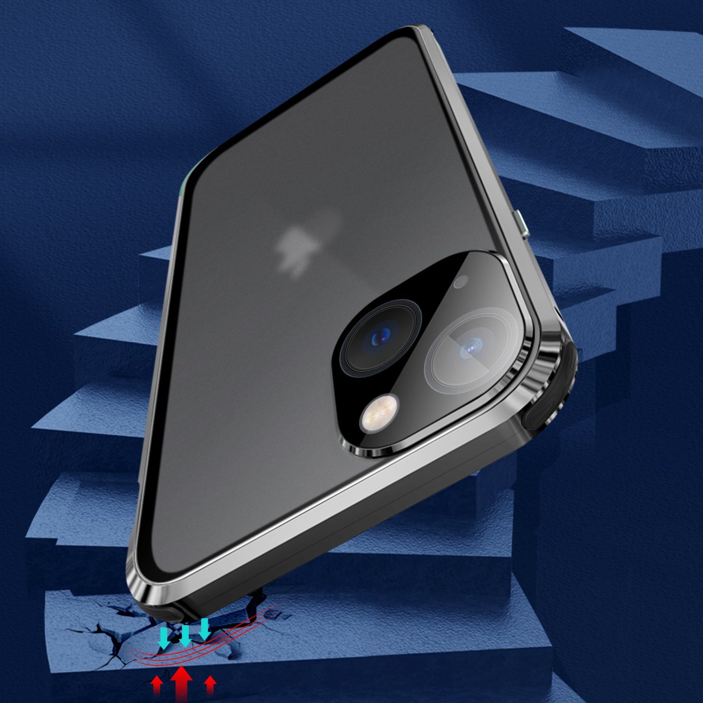 For iPhone 14 Anti-drop Phone Cover Four Corners Protection Double-Sided Magnetic Metal Frame Anti-Spy Phone Case with Lock Buckle Design