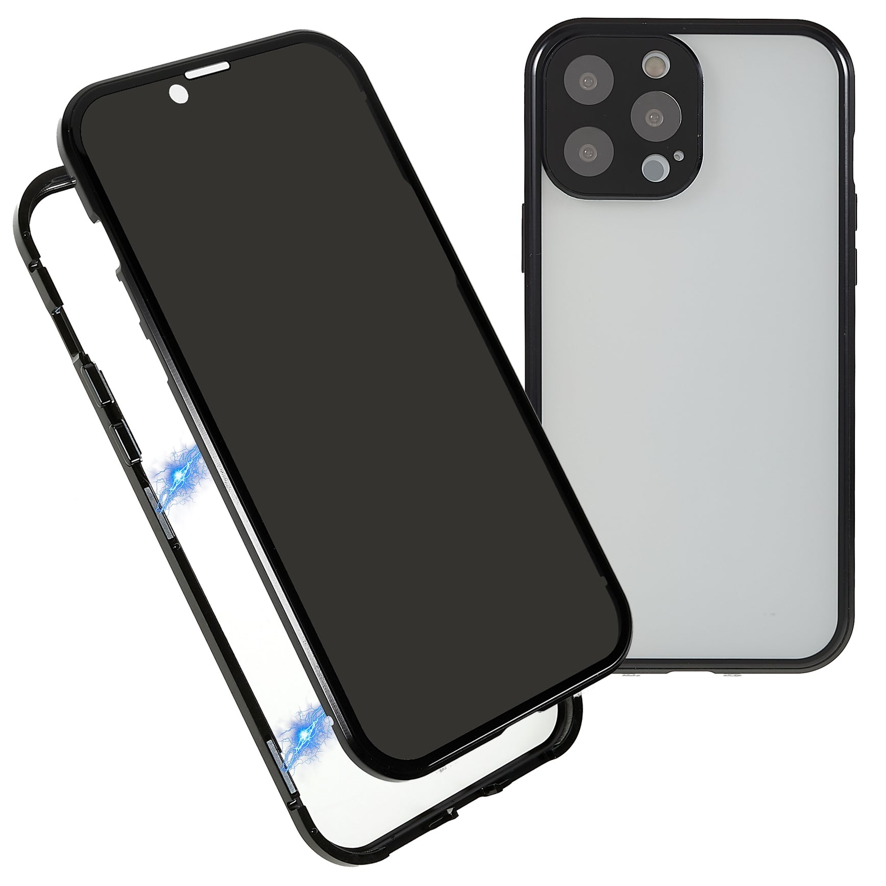 For iPhone 13 Pro 6.1 inch Straight Edge Privacy Case Double Sides Tempered Glass Back Frosted Magnetic Adsorption Metal Frame Safety Buckle Full Body Protection Phone Cover