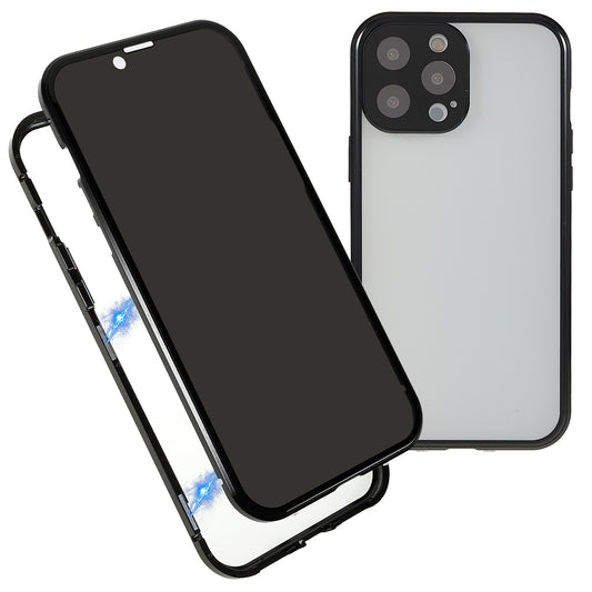 For iPhone 13 Pro 6.1 inch Straight Edge Privacy Case Double Sides Tempered Glass Back Frosted Magnetic Adsorption Metal Frame Safety Buckle Full Body Protection Phone Cover