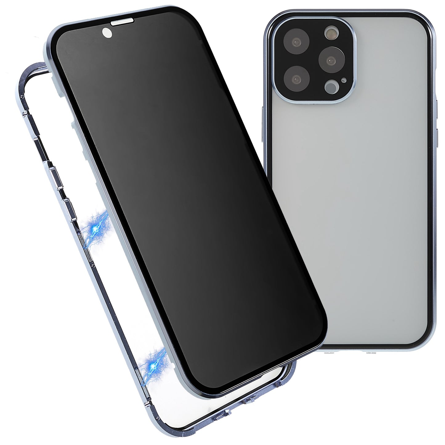 For iPhone 13 Pro 6.1 inch Straight Edge Privacy Case Double Sides Tempered Glass Back Frosted Magnetic Adsorption Metal Frame Safety Buckle Full Body Protection Phone Cover