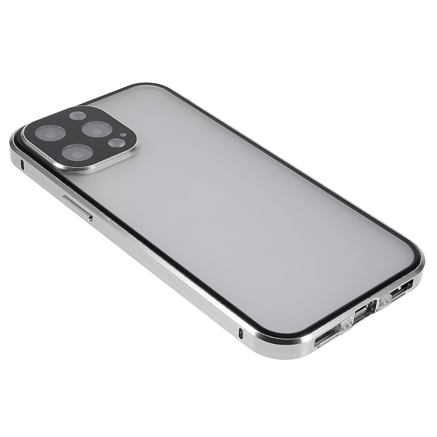 For iPhone 13 Pro 6.1 inch Straight Edge Privacy Case Double Sides Tempered Glass Back Frosted Magnetic Adsorption Metal Frame Safety Buckle Full Body Protection Phone Cover
