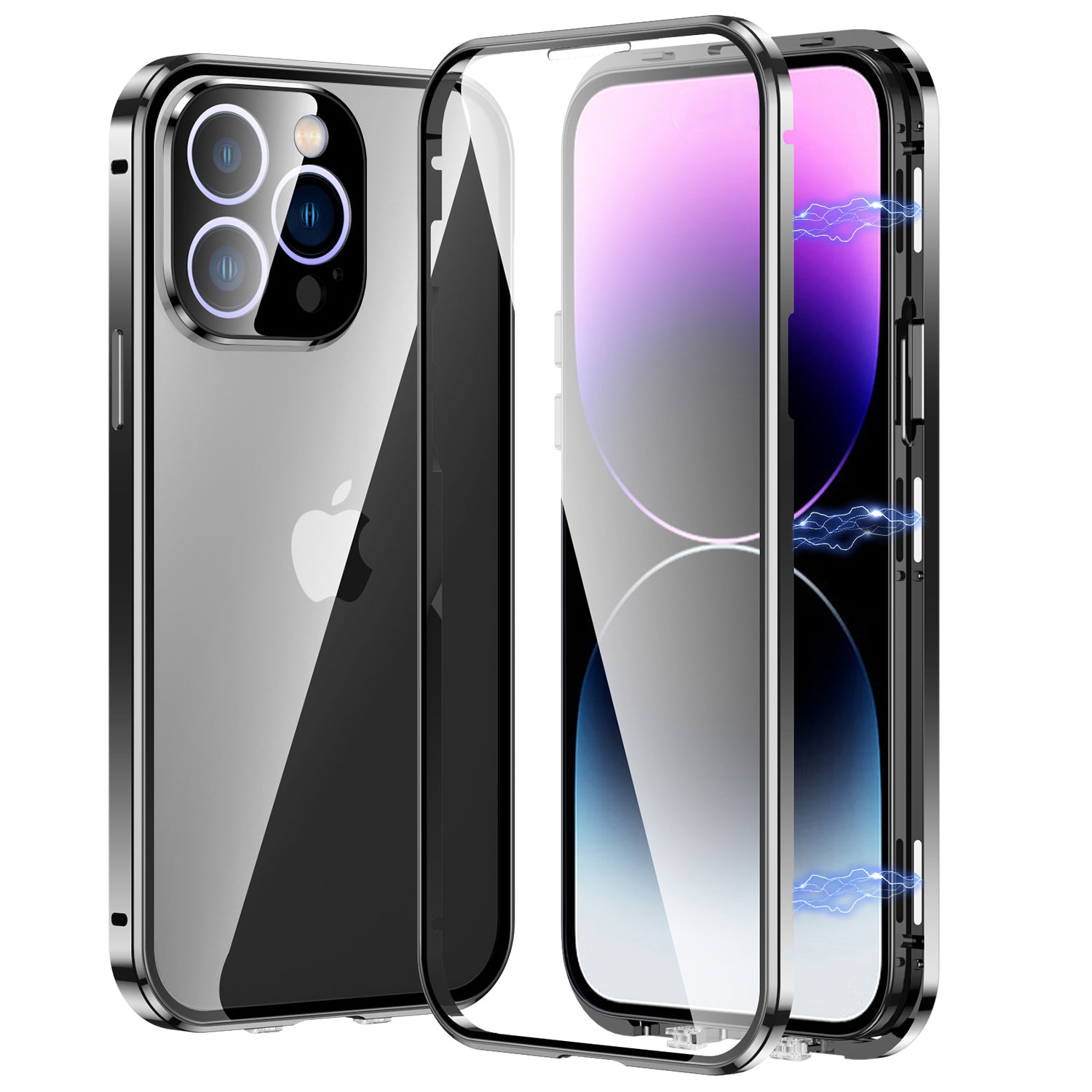 For iPhone 13 Pro 6.1 inch Safety Buckle Straight Edge Phone Case Metal Frame + Double Sides Transparent Tempered Glass Magnetic Adsorption Cover