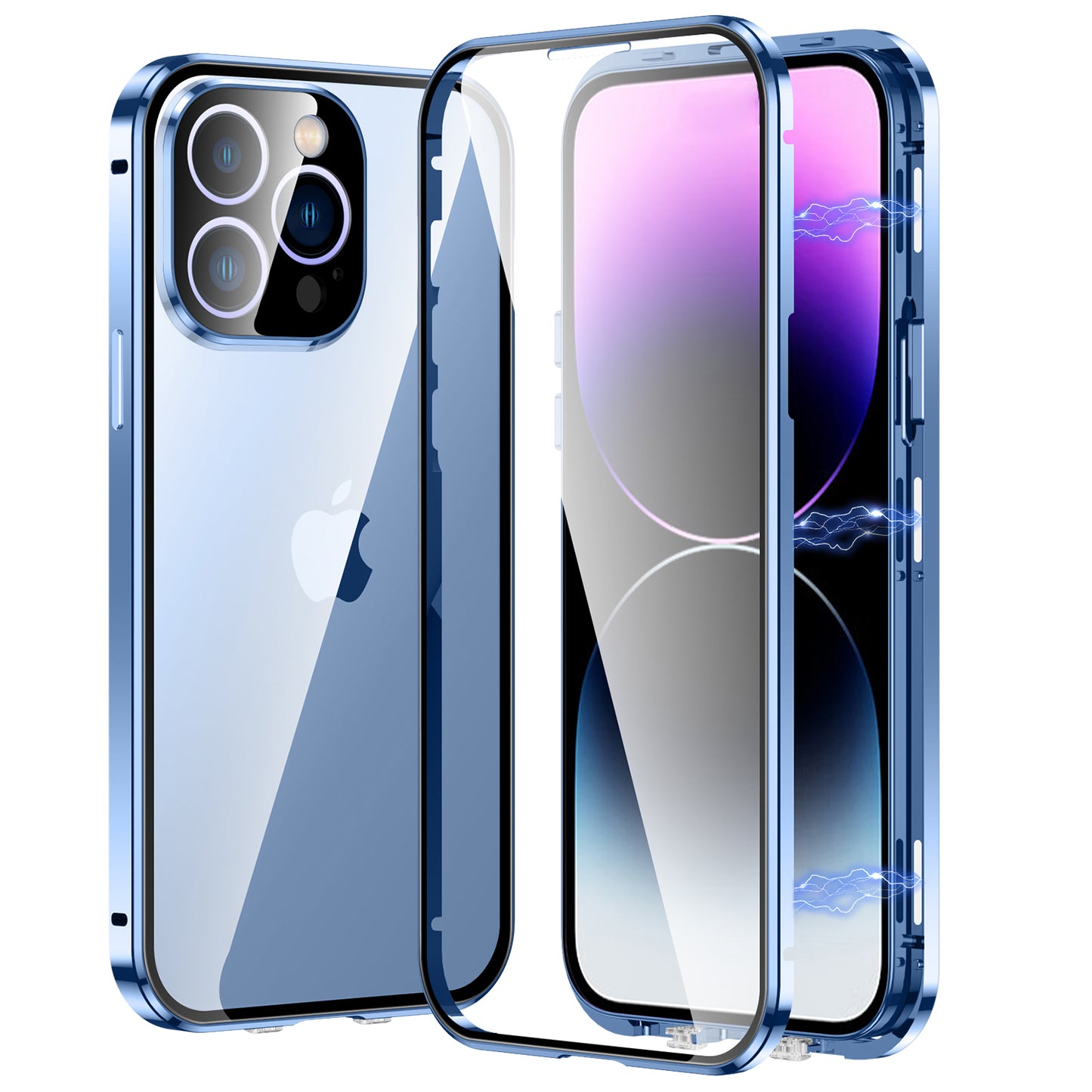 For iPhone 13 Pro 6.1 inch Safety Buckle Straight Edge Phone Case Metal Frame + Double Sides Transparent Tempered Glass Magnetic Adsorption Cover