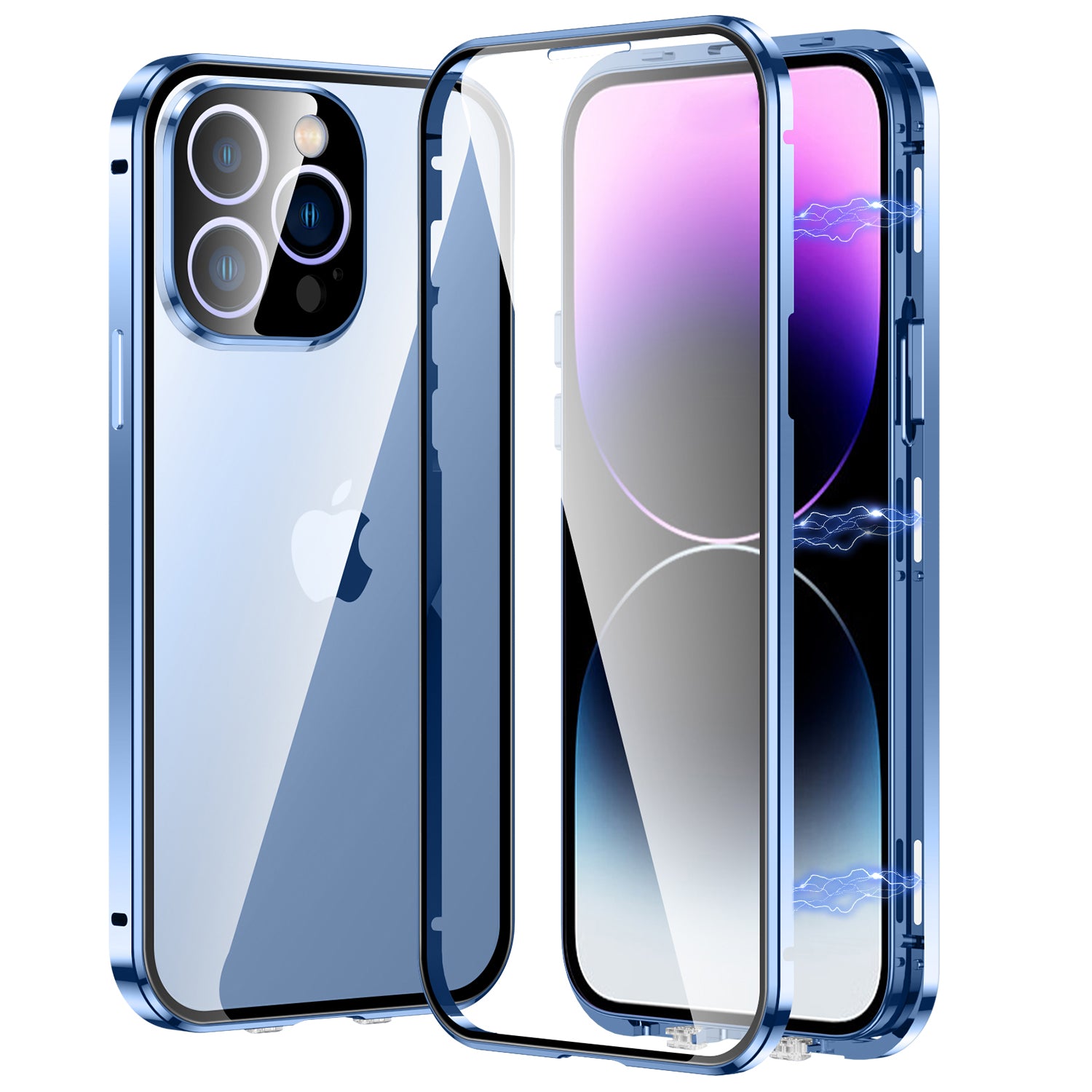 For iPhone 13 Pro 6.1 inch Safety Buckle Straight Edge Phone Case Metal Frame + Double Sides Transparent Tempered Glass Magnetic Adsorption Cover