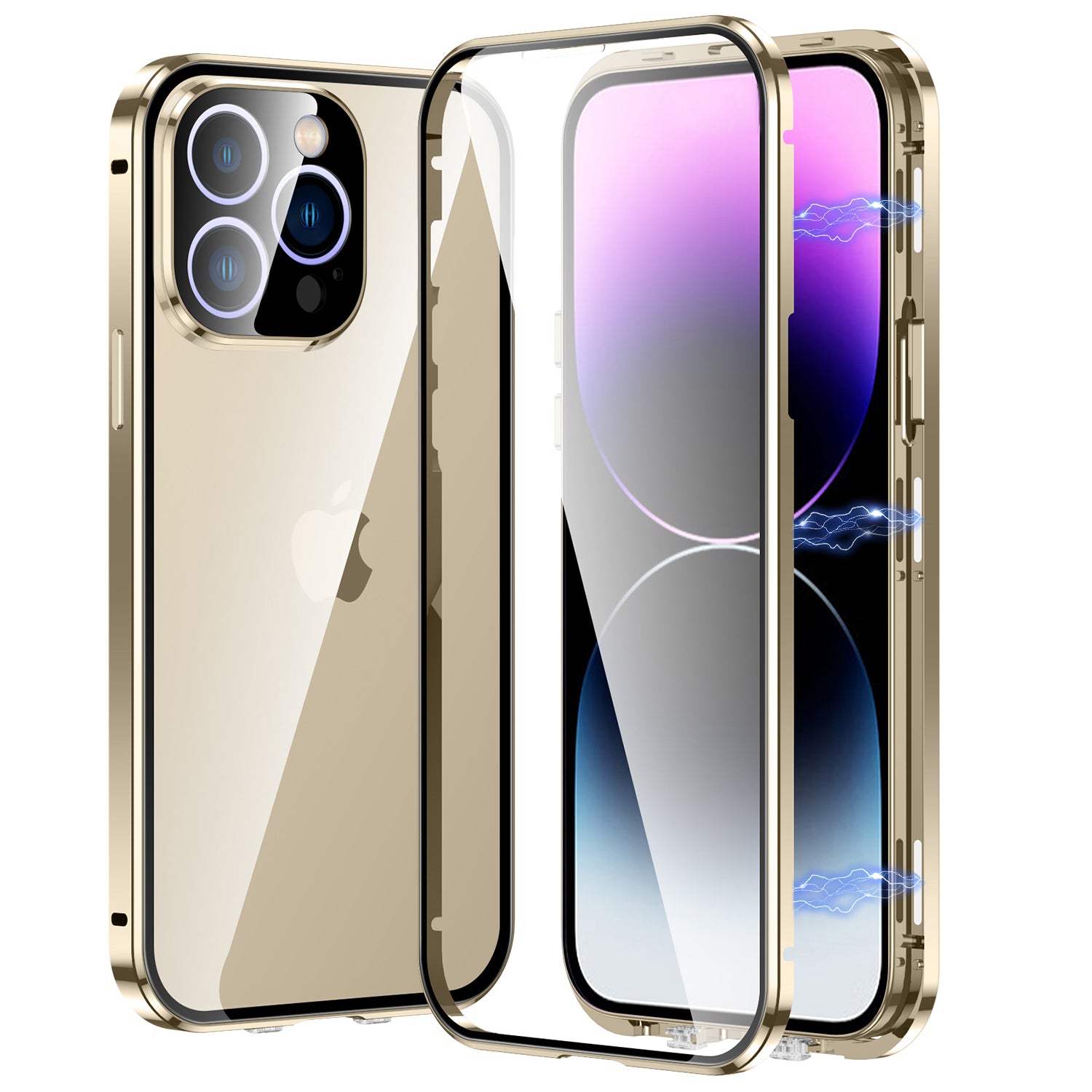For iPhone 13 Pro 6.1 inch Safety Buckle Straight Edge Phone Case Metal Frame + Double Sides Transparent Tempered Glass Magnetic Adsorption Cover