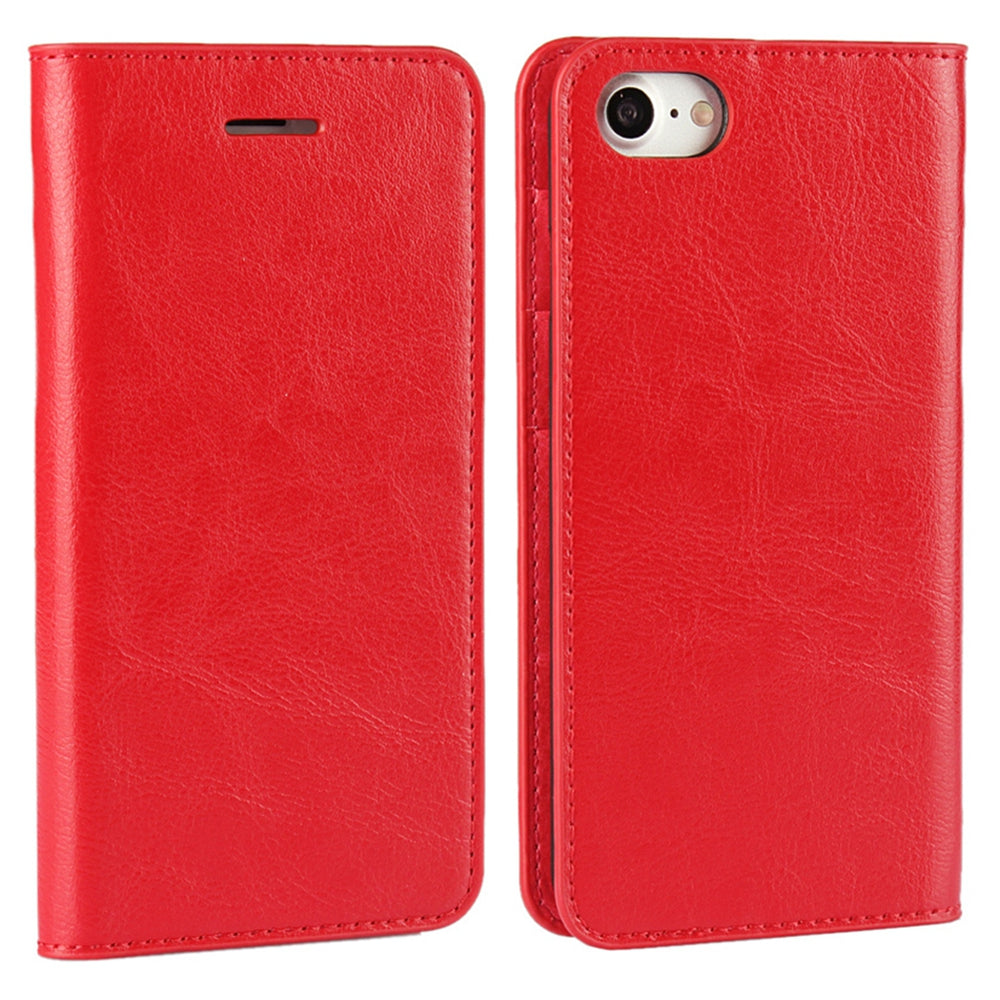 For iPhone SE (2020)/SE (2022)/8/7 4.7 inch Oiled-edgingCrazy Horse Genuine Leather Attached Hard PC Inner Case Wallet Stand Flip Phone Cover -Red