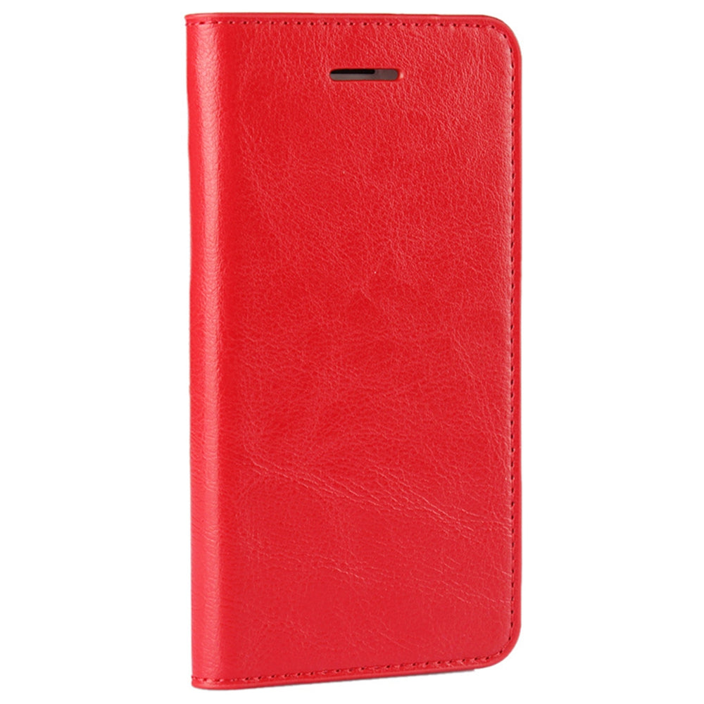 For iPhone SE (2020)/SE (2022)/8/7 4.7 inch Oiled-edgingCrazy Horse Genuine Leather Attached Hard PC Inner Case Wallet Stand Flip Phone Cover -Red