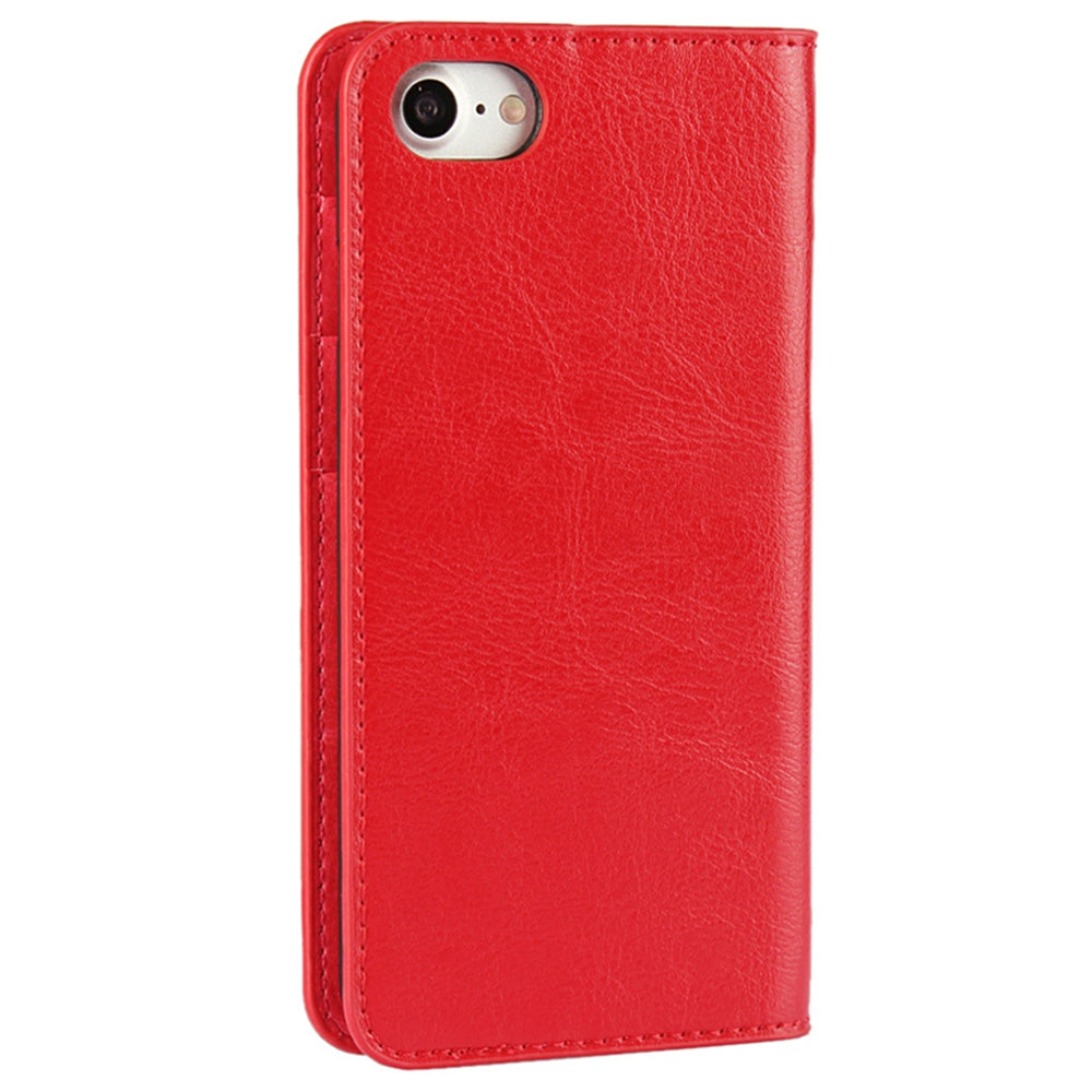 For iPhone SE (2020)/SE (2022)/8/7 4.7 inch Oiled-edgingCrazy Horse Genuine Leather Attached Hard PC Inner Case Wallet Stand Flip Phone Cover -Red