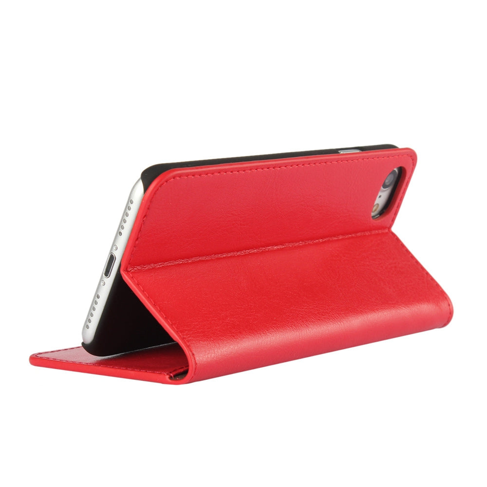 For iPhone SE (2020)/SE (2022)/8/7 4.7 inch Oiled-edgingCrazy Horse Genuine Leather Attached Hard PC Inner Case Wallet Stand Flip Phone Cover -Red