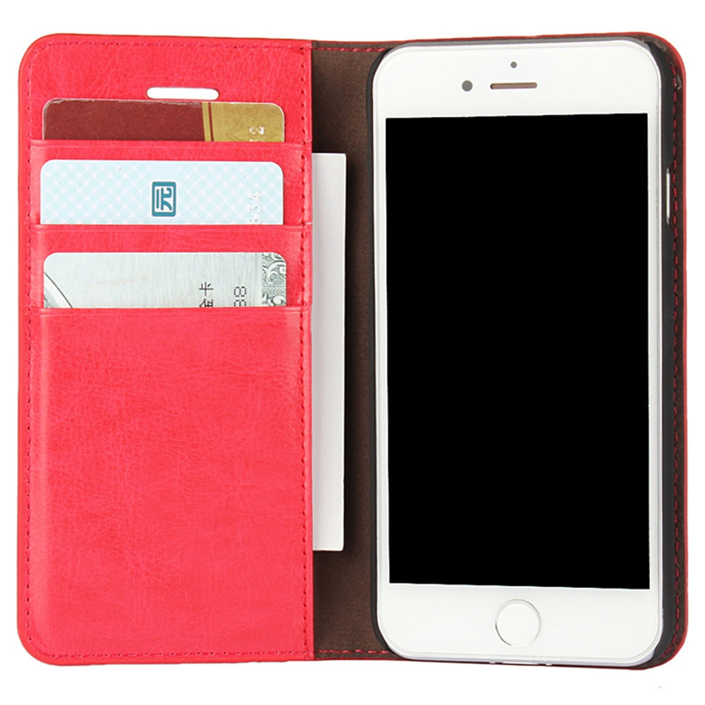 For iPhone SE (2020)/SE (2022)/8/7 4.7 inch Oiled-edgingCrazy Horse Genuine Leather Attached Hard PC Inner Case Wallet Stand Flip Phone Cover -Red