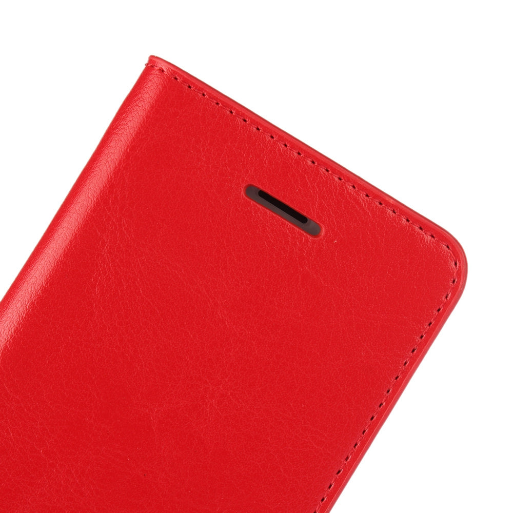 For iPhone SE (2020)/SE (2022)/8/7 4.7 inch Oiled-edgingCrazy Horse Genuine Leather Attached Hard PC Inner Case Wallet Stand Flip Phone Cover -Red