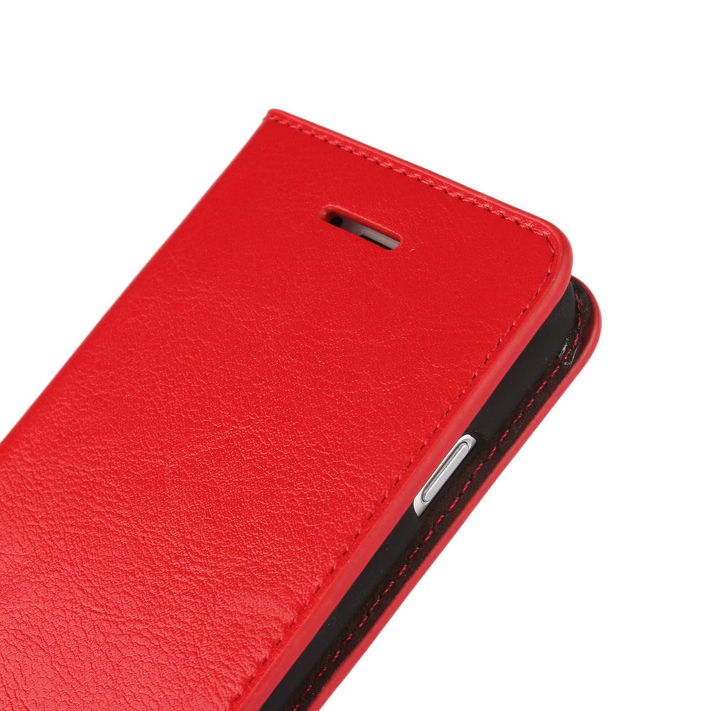 For iPhone SE (2020)/SE (2022)/8/7 4.7 inch Oiled-edgingCrazy Horse Genuine Leather Attached Hard PC Inner Case Wallet Stand Flip Phone Cover -Red