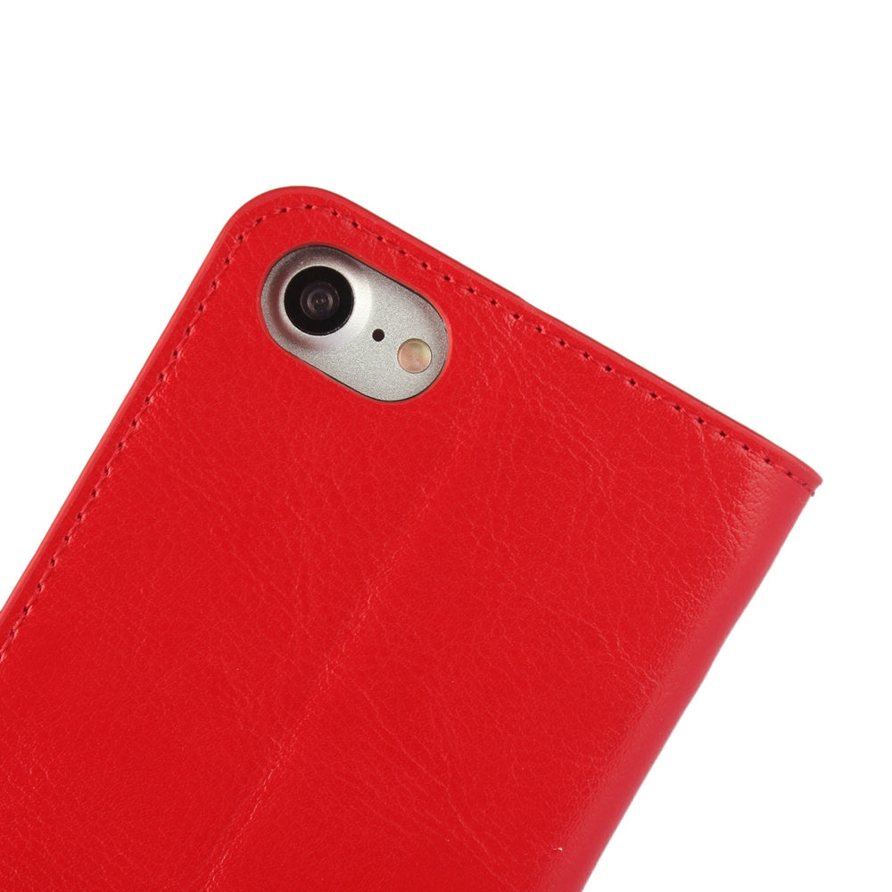For iPhone SE (2020)/SE (2022)/8/7 4.7 inch Oiled-edgingCrazy Horse Genuine Leather Attached Hard PC Inner Case Wallet Stand Flip Phone Cover -Red